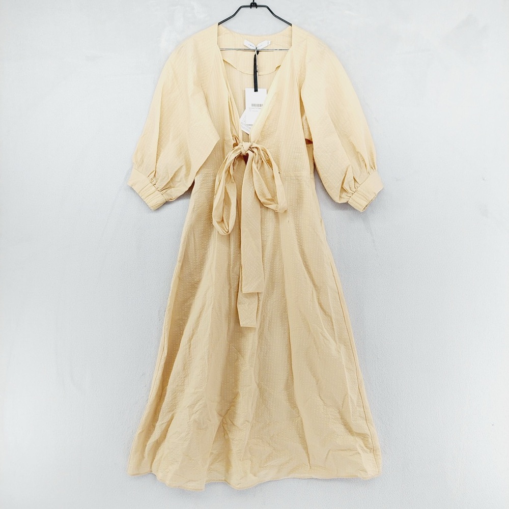 NEW Simona Corsellini Sugar Almond V-Neck Puff Sleeve Belted Maxi Dress P2066